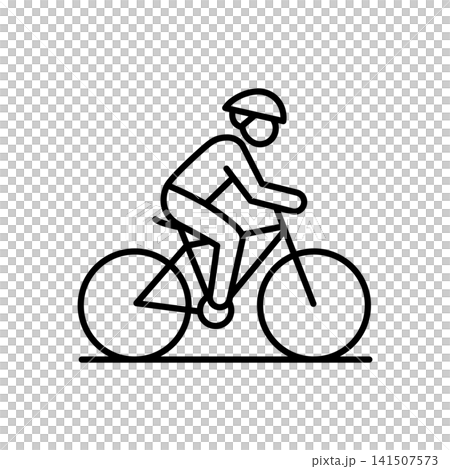 An outline icon depicting an active individual riding a bike. Represents eco-friendly transportation, cycling, physical fitness, reducing carbon emissions, and healthy daily mobility. 141507573