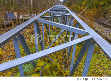 Structural steel with natural surroundings. Metal lattice structures contrast with wooded environment 141507648