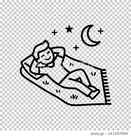 A cozy outline icon of a person lying comfortably on an outdoor mat beneath a moon and twinkling stars. Represents nature relaxation, camping, mindfulness, stress relief, and restorative rest. A cozy outline icon of a person lying comfortably on an outdoor mat beneath a moon and twinkling stars. Represents nature relaxation, camping, mindfulness, stress relief, and restorative rest. 141507699