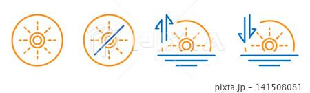 Flat icons of rising and setting sun, absence of sun, time of day icon set, linear graphics on white background Flat icons of rising and setting sun, absence of sun, time of day icon set, linear graphics on white background 141508081