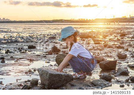 A focused little Asian girl wearing a straw hat and denim overalls squats on a rocky beach to explore tide pools during a golden sunset. A focused little Asian girl wearing a straw hat and denim overalls squats on a rocky beach to explore tide pools during a golden sunset. 141509133