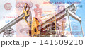 Collage of russian rubles banknote and crude oil pumps. Petroleum, petromoney and crude oil concept 141509210