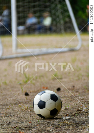 公園の芝生の上に転がるサッカーボール 公園の芝生の上に転がるサッカーボール 141509508