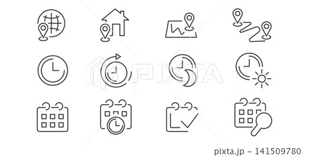 Location planning icons, clocks, maps and calendars, thin line icon illustrations set 141509780