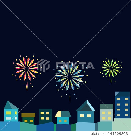 折り紙風の街並みと打ち上げ花火の夜景背景 折り紙風の街並みと打ち上げ花火の夜景背景 141509808