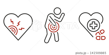 A set of flat icons depicting heart pain, myocardial infarction, and cardiac medications, thin lines on a white background - editable illustration A set of flat icons depicting heart pain, myocardial infarction, and cardiac medications, thin lines on a white background - editable illustration 141509865