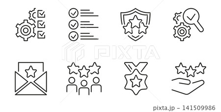 A set of vector icons for quality control, containing elements of inspection, evaluation, production, quality assurance, testing A set of vector icons for quality control, containing elements of inspection, evaluation, production, quality assurance, testing 141509986