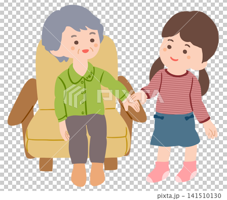 A grandmother sitting on a sofa and a little girl standing beside her. A grandmother sitting on a sofa and a little girl standing beside her. 141510130