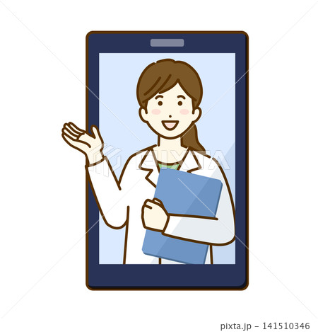スマホでオンライン診療をする女性医師のイラスト スマホでオンライン診療をする女性医師のイラスト 141510346