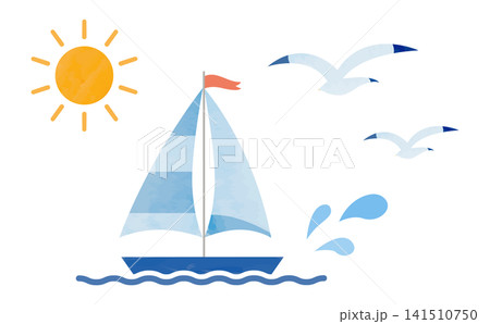 輝く太陽と波間に浮かぶヨットにカモメが舞う夏の海風景イラスト 141510750