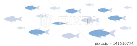 水彩画のような淡いブルーで描かれた手書き風の魚群と魚影のイラスト 水彩画のような淡いブルーで描かれた手書き風の魚群と魚影のイラスト 141510774