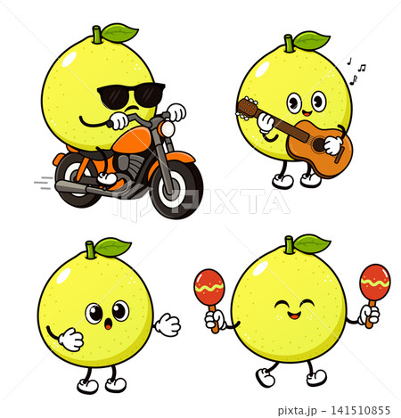 Cute cartoon citrus fruits enjoying different activities like riding a motorcycle and playing music 141510855