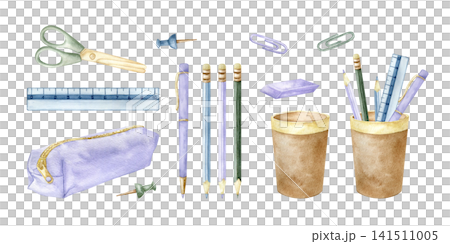 Watercolor back to school stationery illustration set with pencils, ruler, pen, scissors, pencil case, paper clips and eraser. Cute student study supplies clip art for school designs. Detailed drawing Watercolor back to school stationery illustration set with pencils, ruler, pen, scissors, pencil case, paper clips and eraser. Cute student study supplies clip art for school designs. Detailed drawing 141511005