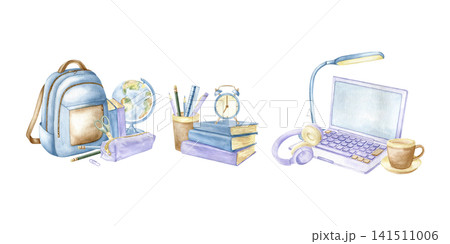 Watercolor back to school compositions set with backpack, laptop, books, globe and stationery. Cute student study desk clipart for education designs and planners. Collection school illustrations. Watercolor back to school compositions set with backpack, laptop, books, globe and stationery. Cute student study desk clipart for education designs and planners. Collection school illustrations. 141511006