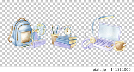 Watercolor back to school compositions set with backpack, laptop, books, globe and stationery. Cute student study desk clipart for education designs and planners. Collection school illustrations. Watercolor back to school compositions set with backpack, laptop, books, globe and stationery. Cute student study desk clipart for education designs and planners. Collection school illustrations. 141511006