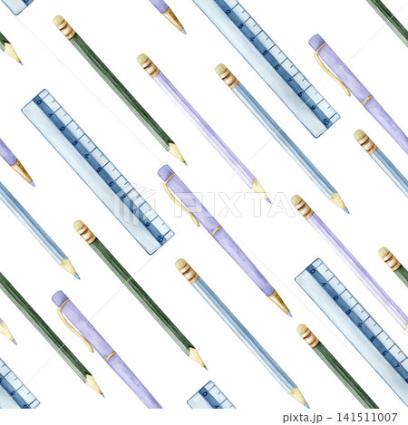 Watercolor seamless pattern with illustration school supplies, diagonal rulers, pencils and pens. Cute repeated stationery background for back to school designs, wrapping paper and fabric. 141511007