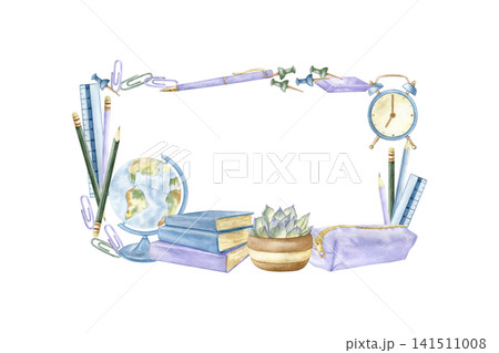 Watercolor back to school frame with illustrations books, globe, alarm clock, stationery, pencil case and succulent . Hand drawn cute template with copy space for education designs and planners.  141511008