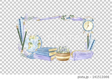 Watercolor back to school frame with illustrations books, globe, alarm clock, stationery, pencil case and succulent . Hand drawn cute template with copy space for education designs and planners.  141511008