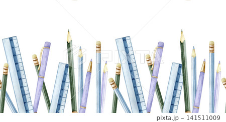 Watercolor seamless school border with illustration rulers, pencils and pens. Cute horizontal stationery repeat pattern banner for back to school designs, planners and educational projects. 141511009