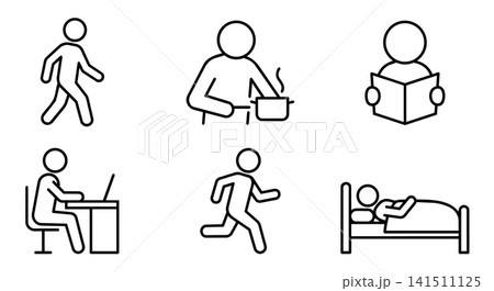 Daily routine, lifestyle habits, cooking, reading, working on laptop, running and sleeping icon set vector illustration. Daily routine, lifestyle habits, cooking, reading, working on laptop, running and sleeping icon set vector illustration. 141511125