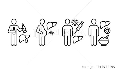 Liver disease causes, alcohol damage, obesity, viral hepatitis, needle infection and food contamination icon set vector illustration. 141511195