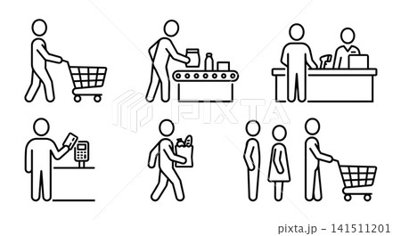 Supermarket checkout process, shopping cart, conveyor belt, cashier, card payment, paper bag and queue line icon set vector. 141511201