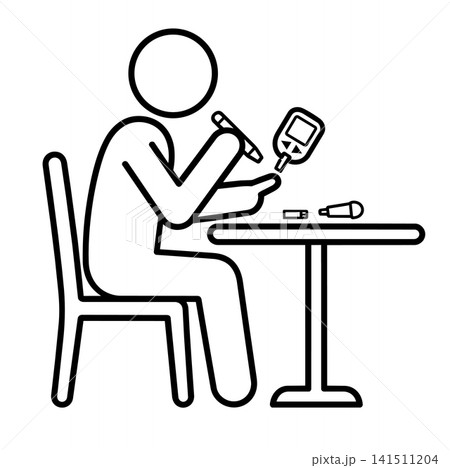 Person testing blood glucose with meter, lancing device and strip at table icon vector illustration. Diabetes care concept. Person testing blood glucose with meter, lancing device and strip at table icon vector illustration. Diabetes care concept. 141511204