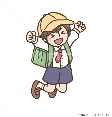 ランドセルを背負って喜ぶ小学一年生の男の子 ランドセルを背負って喜ぶ小学一年生の男の子 141511219