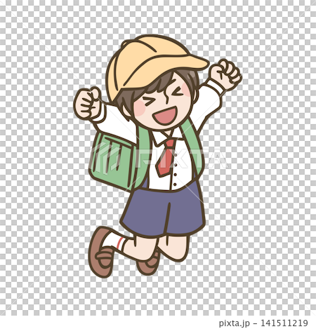 ランドセルを背負って喜ぶ小学一年生の男の子 ランドセルを背負って喜ぶ小学一年生の男の子 141511219