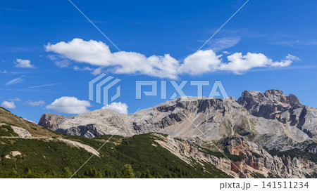 Wide panorama of layered Dolomite ridge from South Tyrol's Sennes Plateau Wide panorama of layered Dolomite ridge from South Tyrol's Sennes Plateau 141511234