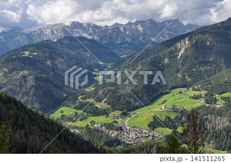 High View over San Vigilio di Marebbe and the Forested Dolomite Valley High View over San Vigilio di Marebbe and the Forested Dolomite Valley 141511265