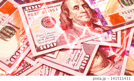 Financial chart of profit indicators on US$ 100 bills. Economics and finance. Cash banknotes. The American national currency. 141511411