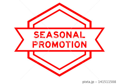 Vintage red color round label banner with word seasonal promotion on white background 141511508
