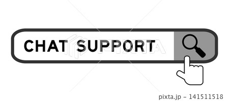 Search banner in word chat support with hand over magnifier icon on white background 141511518