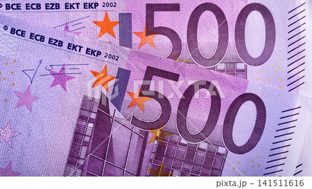 Two 500 euro bills with a large plan. 500 euro banknotes. Economics and finance. The single currency of the European Union. European currency. 141511616