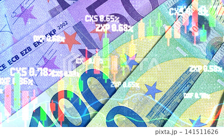 100 and 500 euros. Financial chart of euro profit indicators. Cash banknotes. European currency. The single currency of the European Union. 100 and 500 euros. Financial chart of euro profit indicators. Cash banknotes. European currency. The single currency of the European Union. 141511626