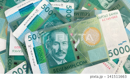 5000 SOM banknotes, current money of Kyrgyzstan. Background of the Kyrgyz national currency. Cash banknotes of 5000 som. 5000 SOM banknotes, current money of Kyrgyzstan. Background of the Kyrgyz national currency. Cash banknotes of 5000 som. 141511663
