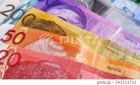 The current money of Kyrgyzstan. Multicolored banknotes in 1000, 500, 200, 50 and 20 som lie on top of each other. Savings of the Kyrgyz. The current money of Kyrgyzstan. Multicolored banknotes in 1000, 500, 200, 50 and 20 som lie on top of each other. Savings of the Kyrgyz. 141511712