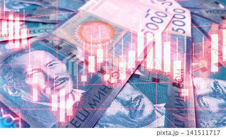 Financial chart of profit indicators. Financial schedule for increasing profits. 5000 SOM bills. Economics and finance. Cash banknotes of Kyrgyzstan. 141511717