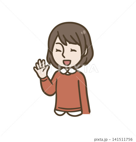 笑顔で手を振る若い女性のシンプルな人物イラスト 141511756