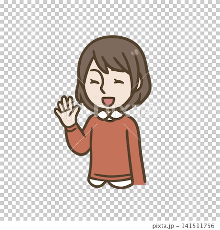 笑顔で手を振る若い女性のシンプルな人物イラスト 141511756