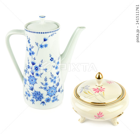 Vintage Ceramic Coffee Pot and Decorative Sugar Bowl Retro Porcelain Teapot and Trinket Jar Isolated on White 141511761