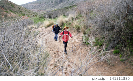 A group of people is exploring a new area for mountain hiking tours. The guys are walking along a dirt path. Trekking, hiking A group of people is exploring a new area for mountain hiking tours. The guys are walking along a dirt path. Trekking, hiking 141511880