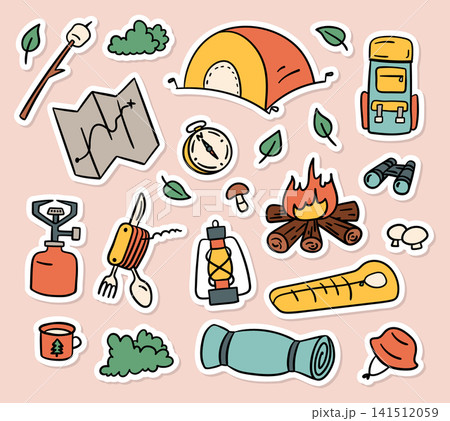 Camping Signs Color Thin Line Sticker Set Hand Drawn Doodle Style. Vector illustration of Tent, Backpack and Compass Camping Signs Color Thin Line Sticker Set Hand Drawn Doodle Style. Vector illustration of Tent, Backpack and Compass 141512059