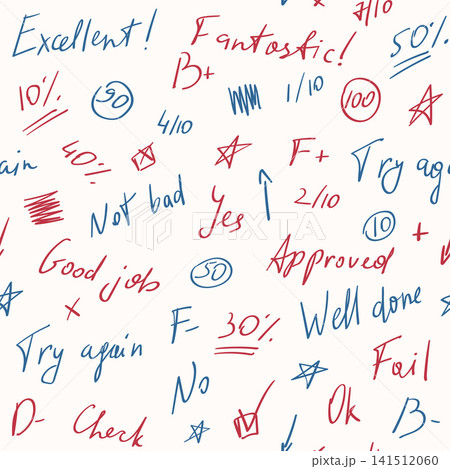 School Grading Score Seamless Pattern Background Thin Line Hand Drawn Doodle Style. Vector illustration of Handwritten Comments for Classroom Works School Grading Score Seamless Pattern Background Thin Line Hand Drawn Doodle Style. Vector illustration of Handwritten Comments for Classroom Works 141512060