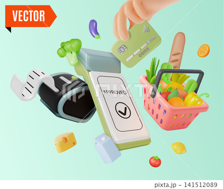 3d Color Payment Methods Concept Color Fresh Vegetables and Fruits Shopping Cartoon Design Style. Vector illustration 141512089