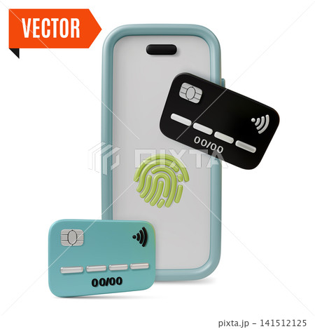 3d Color Payment Methods Concept Smartphone with Fingerprint Protection Payment and Credit Card Cartoon Design Style. Vector illustration 141512125