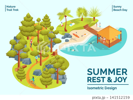 Cartoon Color Summer Rest and Joy Concept Sunny Beach Day and Nature Trail Trek 3d Isometric View. Vector illustration Cartoon Color Summer Rest and Joy Concept Sunny Beach Day and Nature Trail Trek 3d Isometric View. Vector illustration 141512159