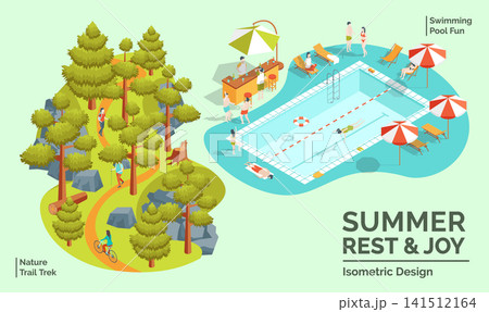 Cartoon Color Summer Rest and Joy Concept Swimming Pool Fun and Nature Trail Trek 3d Isometric View. Vector illustration Cartoon Color Summer Rest and Joy Concept Swimming Pool Fun and Nature Trail Trek 3d Isometric View. Vector illustration 141512164