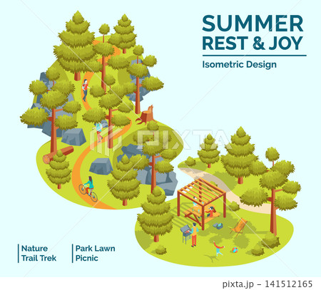 Cartoon Color Summer Rest and Joy Concept Park Lawn Picnic and Nature Trail Trek 3d Isometric View. Vector illustration 141512165